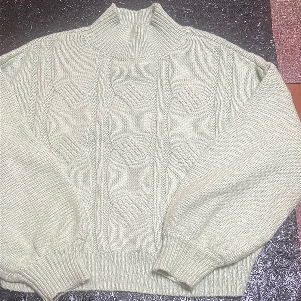 SO light green Cowl Neck Cable Knit Sweater